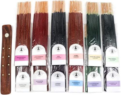 Hosley Aromaterapia Paquete de 480 varillas de incienso lavanda, eucalipto, menta, sándalo, guisante dulce, jazmín, niebla tropical, manzana,