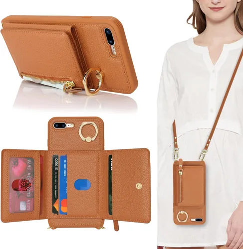 Miniatura 24 de Funda para iPhone 8 Plus con Portarjetas, Funda de Teléfono para iPhone 8 Plus con Correa Bandolera Cordón Anillo de Soporte, Funda Cartera iPhone 7