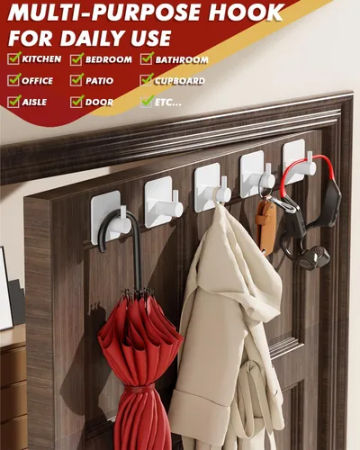 Miniatura 6 de Auxmir Ganchos adhesivos resistentes de 22 libras (máx.), paquete de 5 toalleros autoadhesivos sin daños, acero inoxidable para abrigo, impermeable