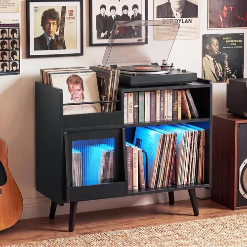 Miniatura 3 de Giantex Soporte grande para tocadiscos con luz LED, soporte para tocadiscos moderno de mediados de siglo con puerta deslizante, estación de carga