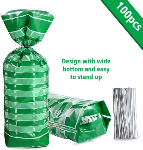 Miniatura 2 de Blulu 100 bolsas de golosinas de fútbol de celofán, bolsas de plástico sellables con calor de celofán con lazos plateados, recuerdos de fiesta