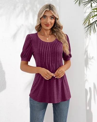 Miniatura 7 de Ficerd Blusa plisada de manga corta abombada para mujer, cuello redondo, elegante, casual, holgada, para primavera y verano