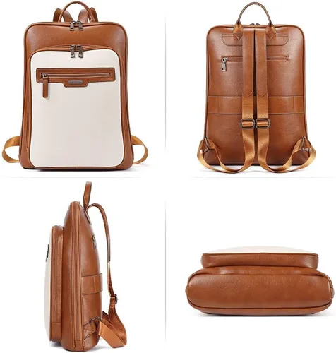 Miniatura 6 de CLUCI Mochila de cuero para computadora portátil de 15.6 pulgadas para mujer, mochila grande de viaje para negocios, trabajo, color blanco roto