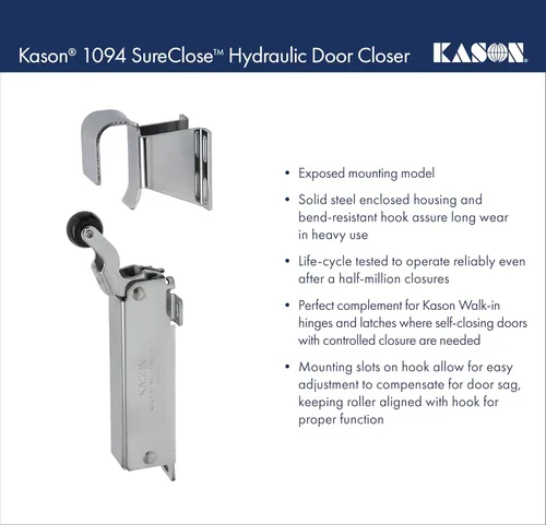 Miniatura 4 de Kason 1094 SureClose Cierrapuertas hidráulico, expuesto con gancho empotrado a 3/4 pulgadas, 11094000003_11094000026