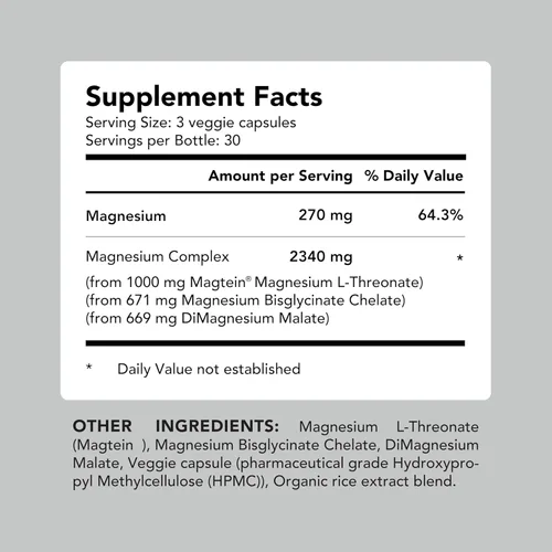Miniatura 5 de AMANDEAN Complejo de magnesio Magtein. L-treonato, glicinato, malato Mezcla triple quelada de suplemento de magnesio. 90 cápsulas vegetarianas.