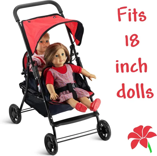 Miniatura 5 de Hushlily® Tandem - Cochecito de muñeca doble con toldo ajustable y cesta, plegable, con ruedas suaves (rojo y azul)