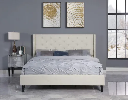 Miniatura 12 de Base de cama de plataforma tapizada completa con cabecero de 51 pulgadas de alto, cama de tela copetuda con botones, soporte de listones de madera