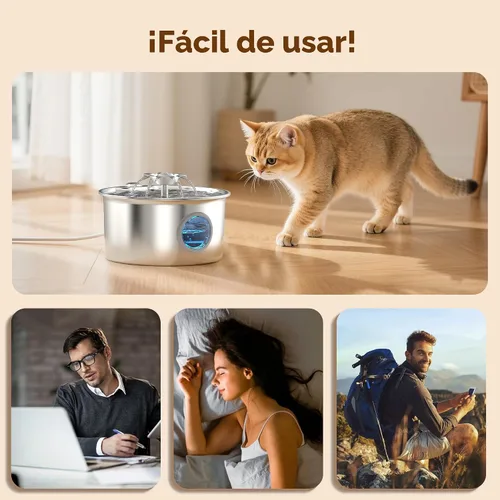 Miniatura 7 de Fuente de agua para gatos de acero inoxidable: fuente para mascotas ultra silenciosa de 88 oz/2.6 L con pico de gatito con flores y dispensador