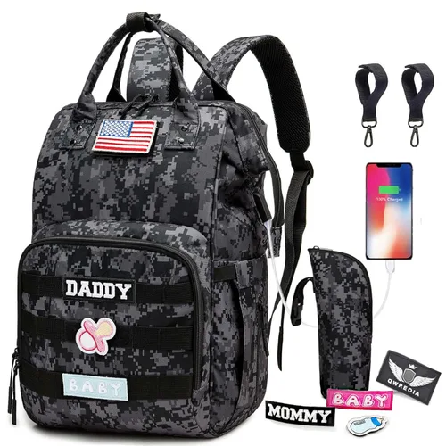 Miniatura 15 de Mochila para pañales con puerto de carga USB, correas para cochecito y bolsillo aislado, mochila militar del ejército de viaje para papá/mamá negro