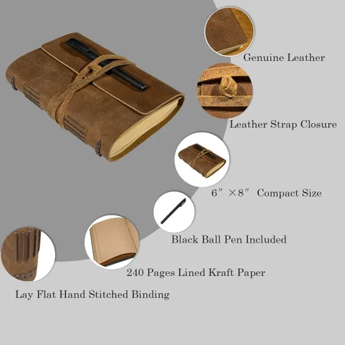 Miniatura 2 de Cuaderno de diario marrón – El mejor diario de cuero genuino fresco para escritores, tamaño A5, 6.2 x 8.5 pulgadas, bloc de notas para hombres
