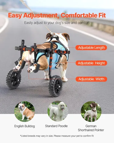 Miniatura 6 de VEVOR Silla de ruedas para perros para patas traseras, silla de ruedas ligera de 2 ruedas para mascotas, altura, ancho y longitud ajustable, carrito