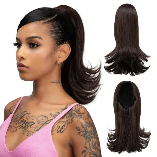 Miniatura 19 de Extensión de cabello corto negro con cordón para mujeres negras, cola de caballo recta de 14 pulgadas con rizos finales, postizos sintéticos