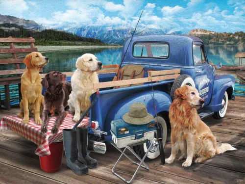 Vermont Christmas Company Dogs Gone Fishing - Rompecabezas de 550 piezas para adultos y familias - Bonitos rompecabezas de perros con piezas