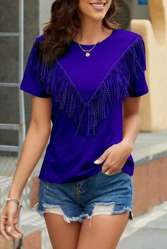 Miniatura 4 de PESION Camisas de manga corta con flecos para mujer, blusa con ribete de borlas