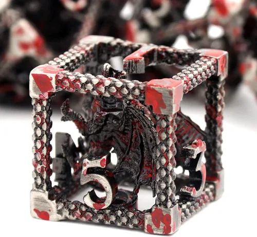 D&D Dice, Dungeons and Dragons Dice HNCCESG Juego de dados de metal poliédricos huecos para juegos de mesa RPG MTG (Dragon Silver Blood Spot)