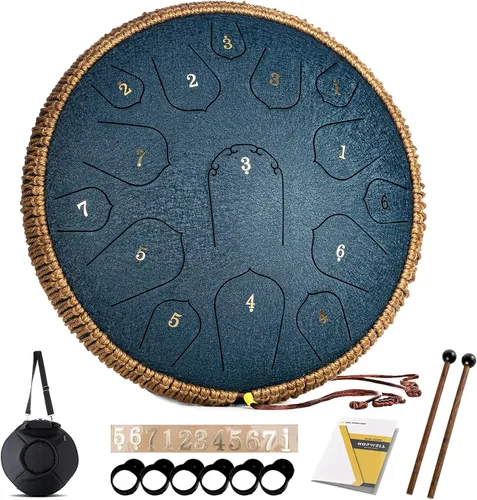 HOPWELL Tambor de Lengua de Acero - Tambor de Lengua de 14 Pulgadas 15 Notas - Tambor Hand Pan con Libro de Música, Mazos para Tambores Handpan y
