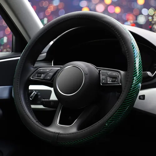 Miniatura 3 de ZHOL Funda universal de fibra de carbono para volante de automóvil, de microfibra de 15 pulgadas, para mujeres y hombres, antideslizante, color Verde