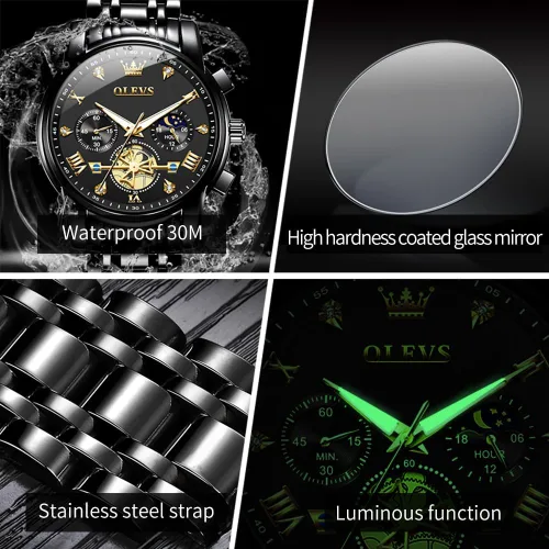 Miniatura 6 de OUPINKE Mens Watches Fashion Sport WristWatches Multifunction Chronograph Analog Quartz Luminous Waterproof Calendar Stainless Steel Bracelet