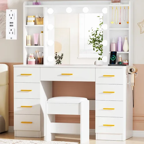 ANWBROAD UBDT87W - Escritorio de tocador de maquillaje con luces blancas con espejo y luces, 3 colores, 9 cajones, 6 estantes de almacenamiento, 5
