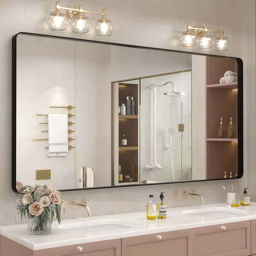 Miniatura 122 de Paquete de 2 espejos de baño con marco de metal negro de 22 x 30 pulgadas, espejo rectangular redondeado negro mate, antioxidante, se cuelga