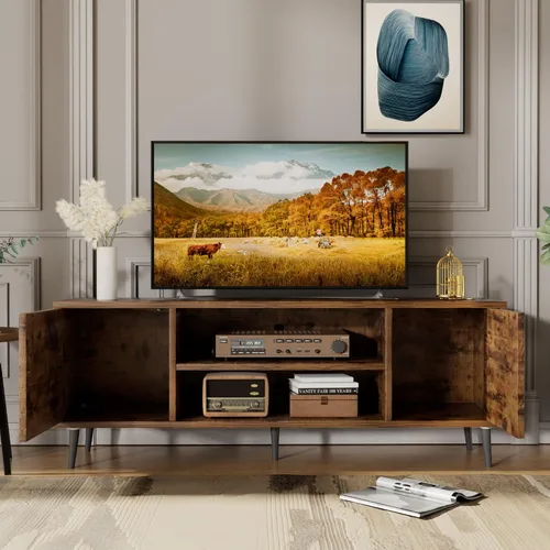 Miniatura 2 de JUMMICO Soporte de TV para TV de 65 pulgadas, soporte de TV moderno de mediados de siglo, centro de entretenimiento con armario de almacenamiento