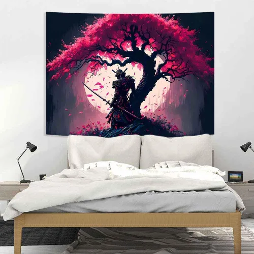 Miniatura 5 de Ine Ive GTDWIE0297 - Tapiz samurái japonés para estética de dormitorio, luna llena, árbol de cerezo, 40 x 30 pulgadas, arte japonés para dormitorio