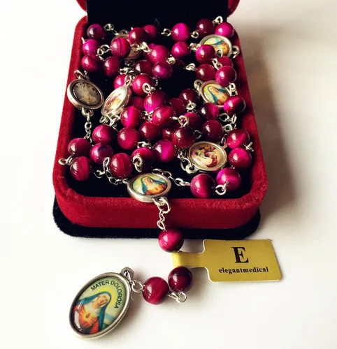 Miniatura 2 de elegantmedical Hecho a mano con cuentas de jade de ojo de tigre rojo raro, siete penas, medalla de María, rosario, regalo católico, Jade, No es una