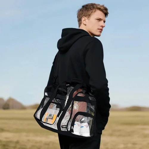 Miniatura 5 de Bolsa de lona transparente grande y resistente con compartimento para zapatos, bolsa de gimnasio transparente aprobada por estadios con correa