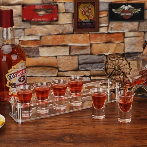 Miniatura 2 de D&Z 6 vasos de chupito en bandeja acrílica ensamblada, taza de degustación de cristal de 1 oz para licores, cervezas y vinos, herramienta novedosa