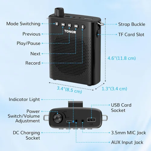 Miniatura 5 de TONOR Amplificador de voz portátil para profesores, mini sistema recargable con micrófono de auriculares con cable de 39.4 in/3 pies y cintura
