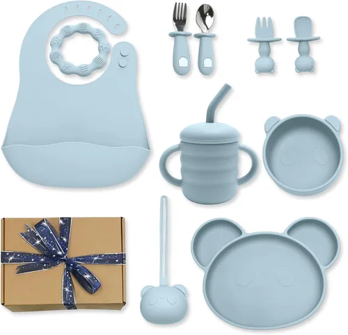 Juego de alimentación de silicona para bebés, suministros de destete para bebés, plato de succión y tazón, cucharas de autoalimentación, taza