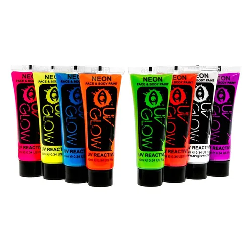 Blacklight - Pintura facial y corporal, 0.34 onzas, juego de 8 tubos, fluorescente neón (todos los colores)
