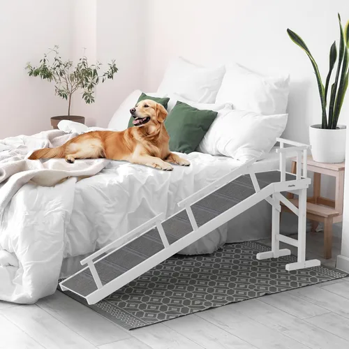 Miniatura 10 de Onelike Rampa de madera para perros con riel lateral extraíble y alfombra antideslizante, escalera estable para mascotas para sofá para perros