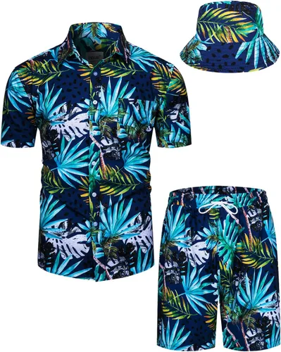 Miniatura 56 de TUNEVUSE Conjunto de camisas y pantalones cortos hawaianos para hombre, 2 piezas, trajes de playa con estampado de flores, traje tropical de verano