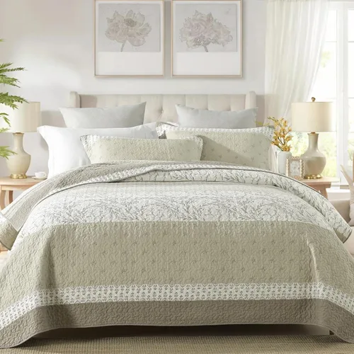 Miniatura 9 de Juego de cama tamaño queen con colcha gris y blanca, diseño floral vintage de granja, fundas a juego, 3 piezas, 100% algodón, colcha ligera