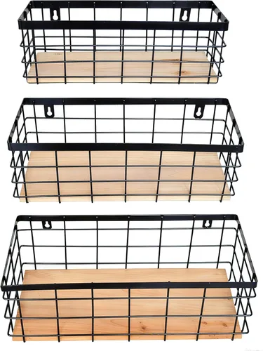 Miniatura 9 de ShabbyDecor Cesta de alambre de metal, base de madera desmontable, organizador de almacenamiento, cesta colgante para armarios de cocina, baño, Negro