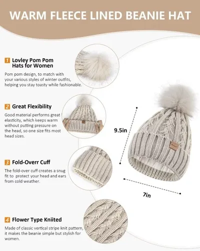 Miniatura 2 de Conjunto de gorro y bufanda para mujer, gorro de invierno con forro polar con pompones, bufanda de punto larga, guantes para pantalla táctil