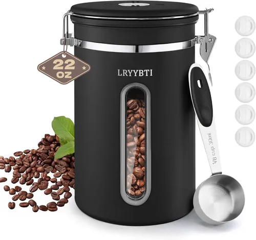 Recipientes de café con ventana, cuchara y tapa hermética de acero inoxidable para almacenamiento de granos de café en la cocina (22 oz/negro)