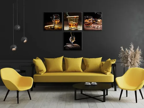 Miniatura 5 de Pyradecor Lienzo de whisky de cigarro, vino, arte de pared, licor, bodegón, pinturas para cocina, bar, pub, decoración del hogar, 4 piezas, moderno