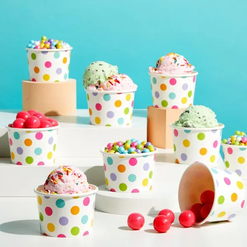 Miniatura 2 de BLUE PANDA Vasos de papel para helado, 50 unidades, diseño de lunares arcoíris, desechables para helados y aperitivos, cuencos de helado, tazas