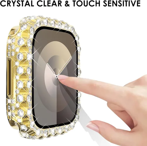Miniatura 5 de NewWays Funda impermeable 2 en 1 de 1.772 pulgadas para Apple Watch Series 9, 8, 7, encaje completo con diamantes de imitación y purpurina para Oro