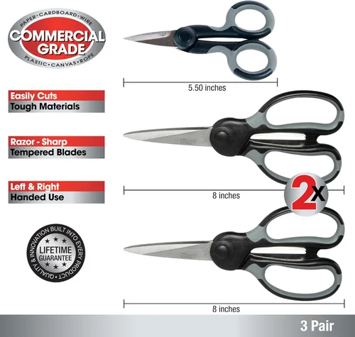 Miniatura 2 de Titan Juego de 3 tijeras resistentes de acero inoxidable de grado comercial para manualidades de oficina, costura y uso doméstico, tijeras multiusos