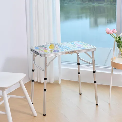 Miniatura 2 de Yriuat Mesa de camping plegable 2 pies de altura ajustable portátil pequeña mesa de cartas de aluminio plegable ligera con asa de transporte