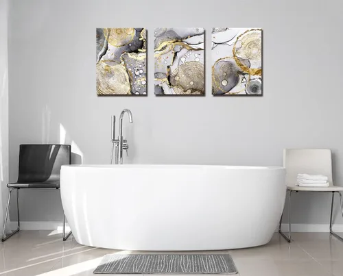 Miniatura 3 de Arte abstracto dorado para pared, 3 piezas, arte moderno enmarcado en blanco y negro, gris, oro, tinta fluida, anillos anuales, imágenes, lienzo