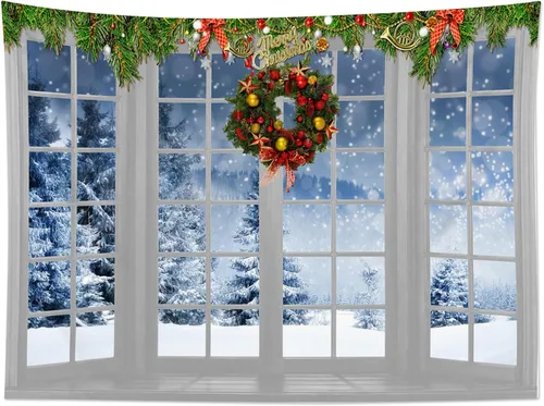 Miniatura 5 de HVEST Tapiz navideño de invierno para colgar en la pared, bosque de pinos nevados con copo de nieve a través de ventana, tapiz de corona de Navidad