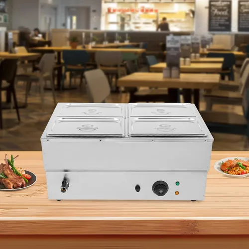 Miniatura 3 de Calentador eléctrico comercial de 4 sartenes, calentador de sopa de acero inoxidable de 1500 W, recipiente para encimera de buffet Bain Marie