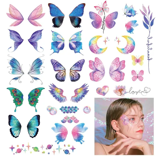 Miniatura 6 de Konsait 12 hojas de tatuajes temporales de mariposa con purpurina para mujeres y niños, calcomanías de mariposa para la cara, tatuajes temporales
