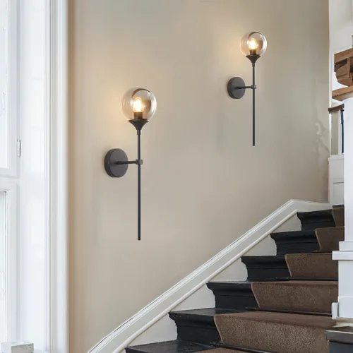 Miniatura 6 de KCO Lighting - Moderna lámpara de pared con globo de vidrio gris ahumado, aplique de pared negro mate delgado, lámpara de pared industrial vintage