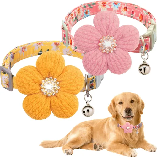 Miniatura 9 de Collar para perro mediano con flor, collares de perro para perros medianos Collar para niña Collar de perro lindo con campana, longitud ajustable
