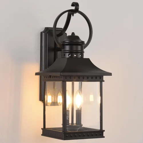 Faroles para exteriores, 21.5 pulgadas de alto, luces exteriores grandes, 2 lámparas de pared negras con cristal transparente para porche, patio,